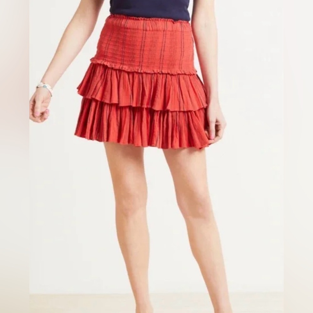 NWT Sundry Mini Shirred Ruffle Skirt Red Black Striped Size 0 /‎ XS Boho